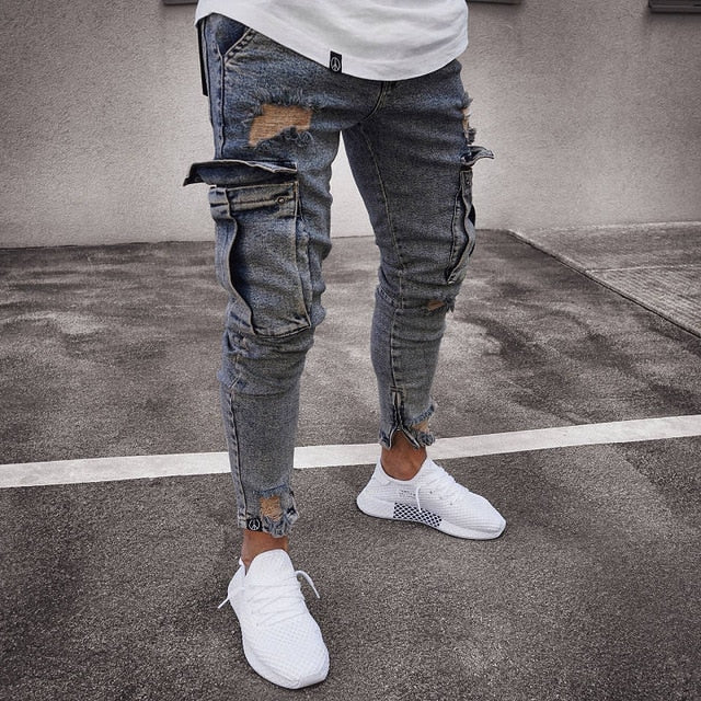 2019 Mens Denim Cargo Pants Jeans with Side Cargo Pocket Tight