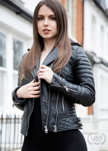 Load image into Gallery viewer, Womens Quilted Leather Motorcycle Jacket Black