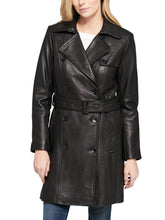 Load image into Gallery viewer, Women&#39;s Double-Breasted Belted Leather Trench Coat