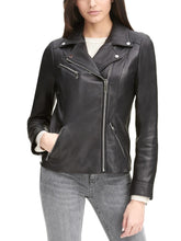 Load image into Gallery viewer, Women&#39;s Asymmetrical Zip Leather Jacket w/ Metallic Details Black