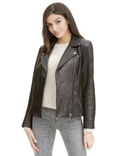 Load image into Gallery viewer, Women&#39;s Asymmetrical Zip Leather Jacket w/ Metallic Details Black