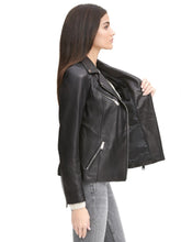 Load image into Gallery viewer, Women&#39;s Asymmetrical Zip Leather Jacket w/ Metallic Details Black
