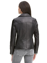 Load image into Gallery viewer, Women&#39;s Asymmetrical Zip Leather Jacket w/ Metallic Details Black