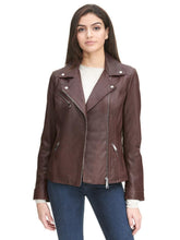Load image into Gallery viewer, Asymmetrical Zip Leather Jacket w/ Metallic Details Burgundy