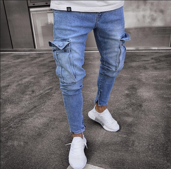 2019 Mens Denim Cargo Pants Jeans with Side Cargo Pocket Tight